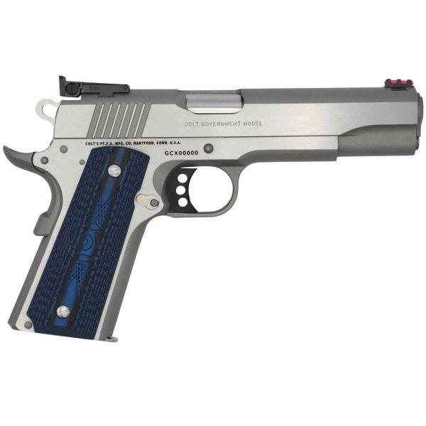 Buy Colt Gold Cup Lite 45 ACP, 8RD X1, 5" Stainless National Match Barrel, Stainless Steel Serrated Slide, Stainless Steel Frame W/beavertail, Blue Scalloped G10 Grip, Ambidextrous O5070GCL Online