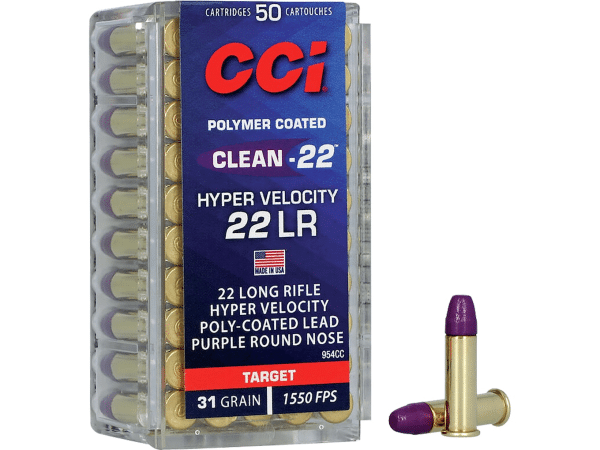 CCI Clean-22 Hyper Velocity Ammunition 22 Long Rifle 31 Grain Purple Polymer Coated Lead Round Nose