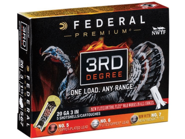 Federal Premium 3rd Degree Turkey Ammunition 20 Gauge 3" 1-1/2 oz #5, #6, and #7 Shot Multi Shot TSS Flitecontrol Flex Wad Box of 5