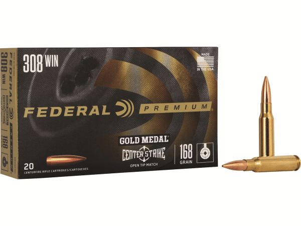Federal Premium Gold Medal Centerstrike Ammunition 308 Winchester 168 Grain Open Tip Match